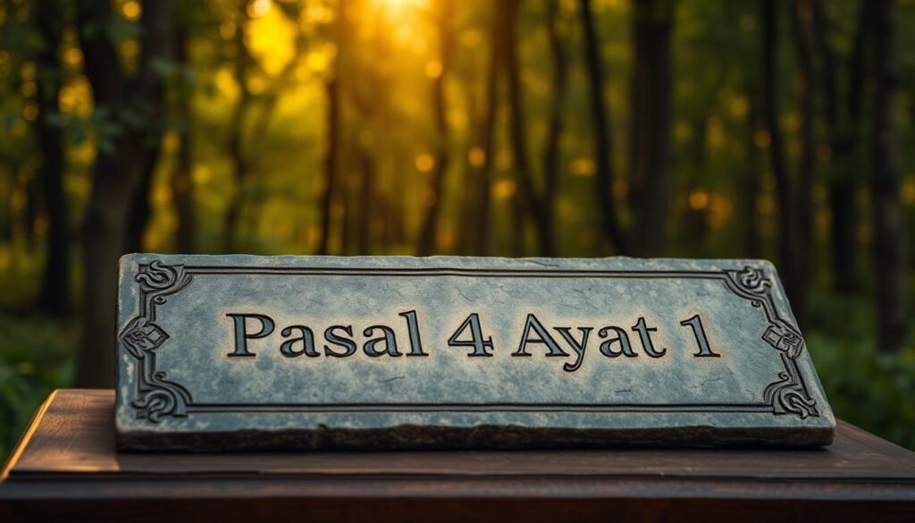 A close-up shot of the text "Pasal 4 Ayat 1" engraved on an ornate, weathered stone tablet. The tablet is positioned on a wooden podium, with a lush, verdant forest backdrop illuminated by warm, golden-hour lighting. The tablet's surface has a tactile, aged quality, with subtle cracks and imperfections adding to its historical feel. The composition emphasizes the gravity and significance of the constitutional text, conveying a sense of timelessness and authority. The overall mood is one of reverence and gravitas, evoking the importance of this legal document within the international legal landscape.