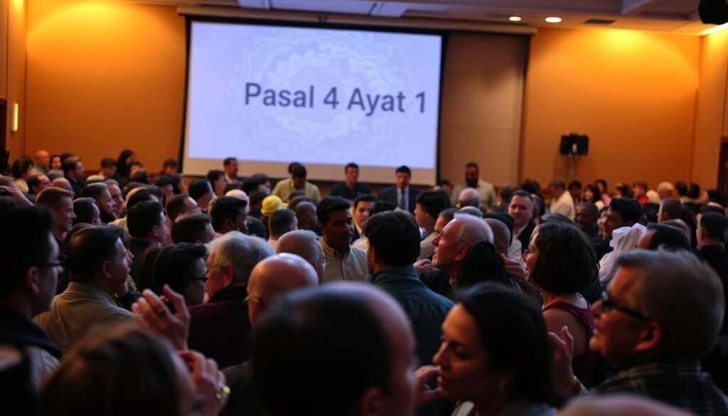 A crowded town hall meeting, dimly lit with warm, ambient lighting. In the foreground, a diverse group of citizens - some nodding in agreement, others gesticulating passionately, all engaged in lively discussion. The middle ground features a panel of local government officials, their expressions ranging from contemplative to concerned. In the background, a large projection screen displays the text "Pasal 4 Ayat 1" against a subtle, textured backdrop, hinting at the subject of the debate. The overall atmosphere conveys a sense of civic participation, thoughtful deliberation, and the weight of the issue at hand.