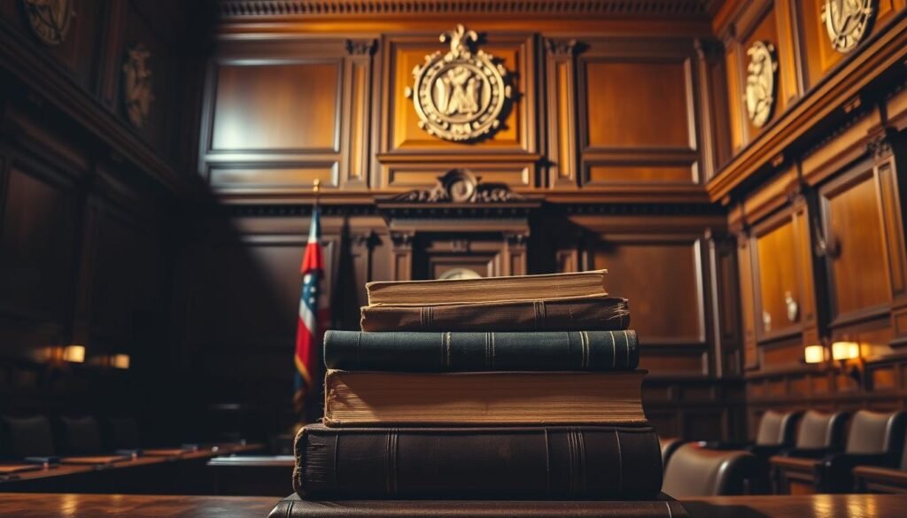 A dimly lit legal chamber, with ornate wooden paneling and a grand central podium. Stately flags and seals adorn the walls, conveying the gravity and formality of the electoral process. Soft, directional lighting casts dramatic shadows, creating an atmosphere of solemn importance. In the foreground, a stack of thick legal tomes sits atop the podium, their worn covers hinting at the depth of electoral law. The scene exudes a sense of tradition, authority and the rule of law governing the democratic process.