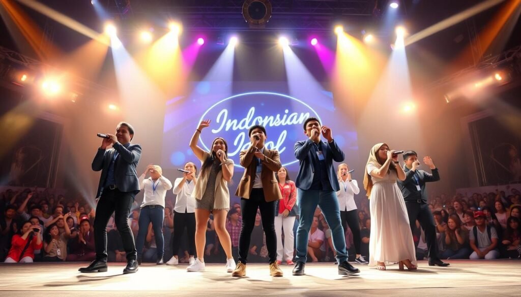 A group of Indonesian Idol contestants performing on a brightly lit stage, with dynamic lighting and a crowd of enthusiastic spectators in the background. The performers exude confidence, energy, and passion as they showcase their vocal and stage prowess. The scene captures the excitement and thrill of the competition, highlighting the talent and dedication of these aspiring musicians. The image should convey the essence of the Indonesian Idol experience, reflecting the section title "Junaidi Eks Indonesian Idol Ngamen Diamankan Dinsos: Penjelasan dan Fakta".