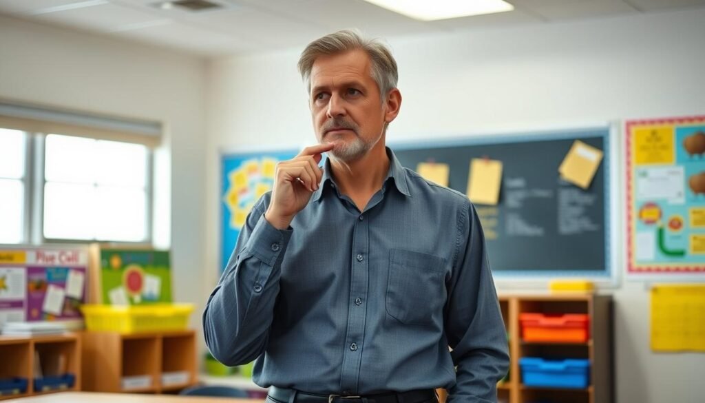 A primary school teacher standing in a thoughtful pose, their face radiating wisdom and experience. They are dressed in formal attire, perhaps a collared shirt and slacks, conveying a sense of authority and professionalism. The background is a well-lit classroom, with vibrant educational posters and materials adorning the walls, suggesting a stimulating and engaging learning environment. Soft, diffused lighting illuminates the scene, creating a warm and approachable atmosphere. The teacher's gaze is focused and attentive, as if imparting valuable insights to their students. This image captures the essence of a dedicated and respected primary school educator, embodying the challenges and strategies of implementing new curriculum.