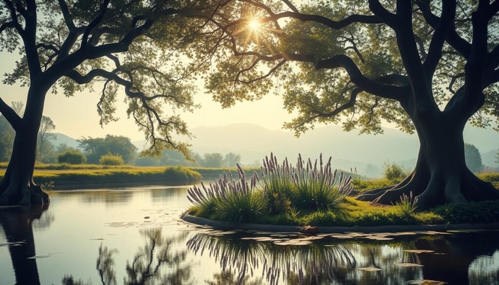 A serene and meditative landscape depicting the evolution of the concept of "aura farming" on social media. In the foreground, a tranquil pond reflects the swaying branches of ancient trees, their leaves rustling softly in the gentle breeze. The middle ground features a small, secluded garden with lush, verdant foliage and delicate flowers blooming in shades of lavender and sage. Hazy rays of warm, golden light filter through the canopy, creating a soothing, natural ambiance. In the background, a distant, mist-shrouded hillside stands as a symbol of the peaceful, contemplative nature of this practice. The overall tone conveys a sense of harmony, balance, and the rejuvenating power of mindful, intentional content creation.