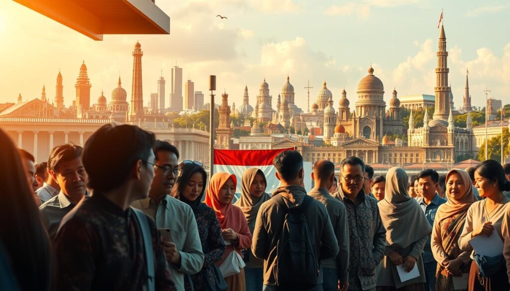 A serene historical scene showcasing the evolution of Indonesian elections. In the foreground, a group of diverse voters patiently queuing to cast their ballots, their faces filled with a sense of civic duty. In the middle ground, a polling station adorned with the Indonesian flag, conveying a spirit of democratic pride. In the background, a tapestry of iconic landmarks and buildings, representing the rich cultural heritage of the nation. The lighting is warm and inviting, casting a golden glow over the entire scene, evoking a mood of trust and optimism. The perspective is slightly elevated, allowing the viewer to take in the full scope of this pivotal moment in Indonesia's political history.