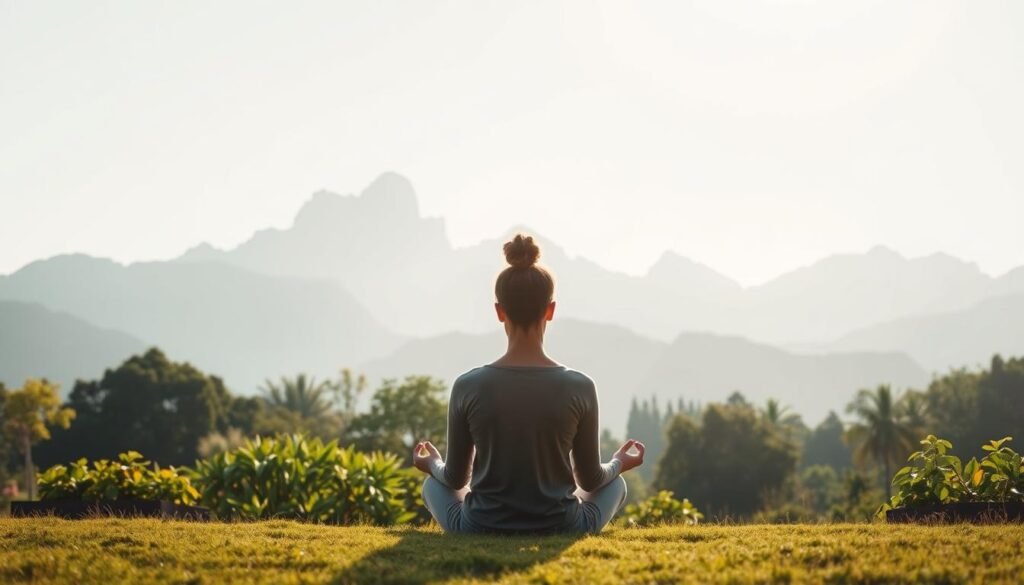 A serene, minimalist landscape depicting the interplay between environmental factors and personal self-control. In the foreground, a person sits in a meditative pose, their face a canvas of calm reflection. The middle ground features a lush, verdant garden, symbolizing the nourishing influence of a supportive environment. In the background, towering mountains rise, their rugged peaks representing the challenges and temptations that test one's willpower. Soft, diffused lighting casts a warm, contemplative glow, evoking a sense of inner peace. The overall composition conveys the delicate balance between external circumstances and the strength of self-discipline.