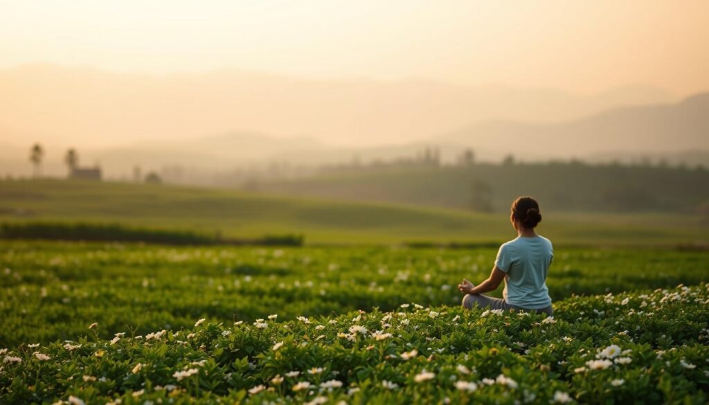 A serene, tranquil landscape with a central focus on a peaceful aura farming scene. In the foreground, a person sits cross-legged, their hands gently resting on their lap, exuding a sense of inner calm. The middle ground features lush, verdant fields dotted with blooming flowers, creating a soothing, natural atmosphere. In the background, a distant, hazy mountain range adds depth and a calming, meditative feel. The lighting is soft and diffused, casting a warm, golden glow over the entire scene. The overall mood is one of introspection, mindfulness, and a deep connection with the natural world.