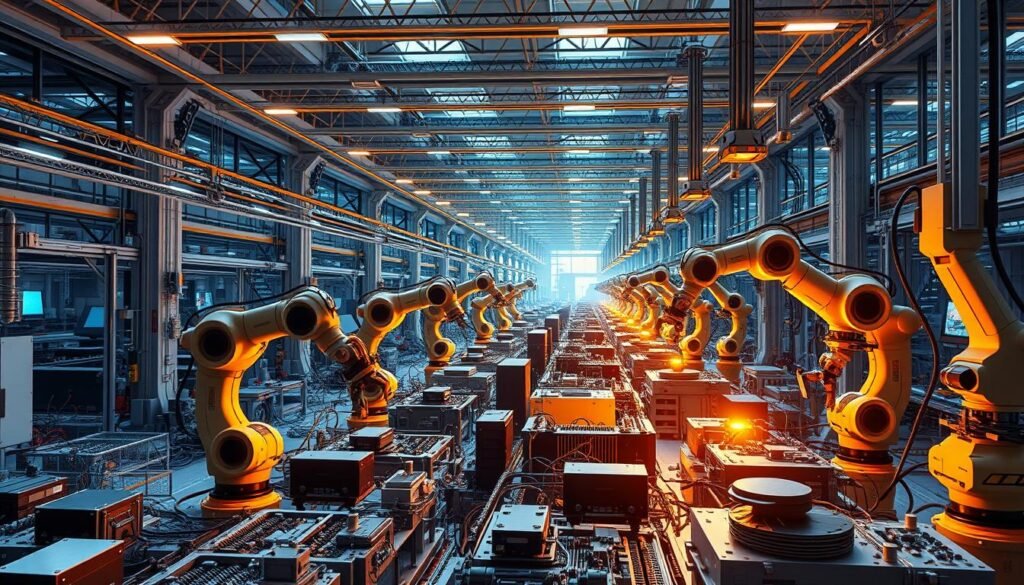 A state-of-the-art factory floor, bathed in the warm glow of 5G connectivity. Robotic arms precisely assemble cutting-edge products, their movements choreographed by the lightning-fast data exchange. In the background, a vast network of sensors and IoT devices monitor every aspect of the production, feeding real-time insights to optimize efficiency. The scene exudes a sense of technological harmony, where the Fourth Industrial Revolution seamlessly integrates with the power of 5G, unlocking new frontiers of innovation and productivity. Crisp, detailed, and visually striking, this image captures the future of industry, where connectivity and automation converge to drive transformative change.