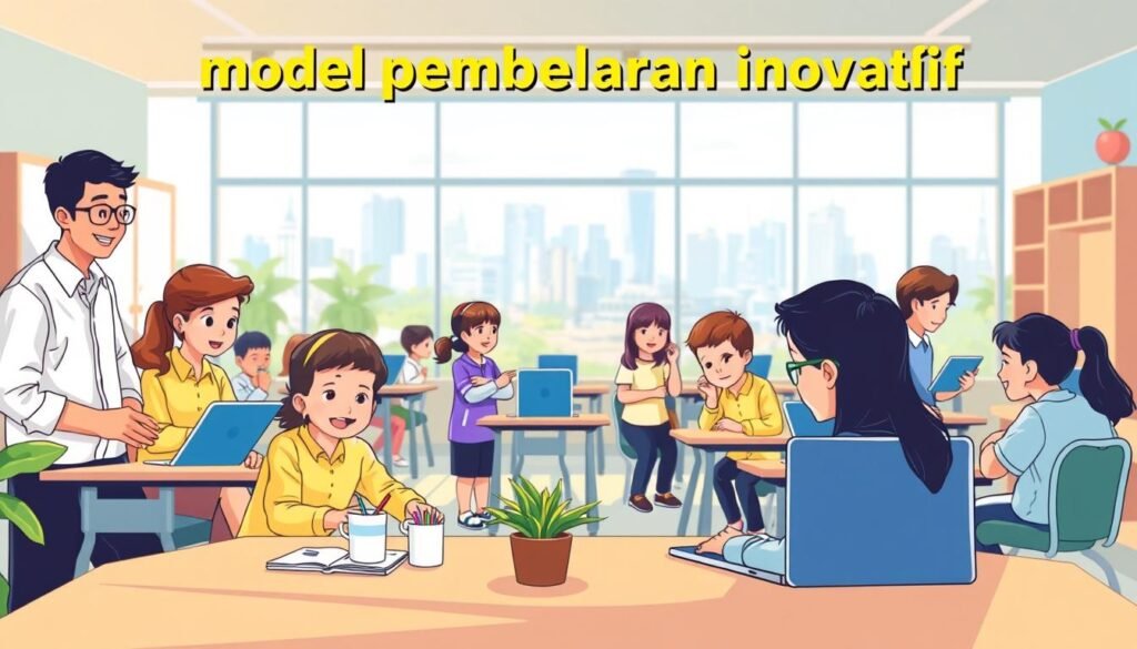 A vibrant, dynamic illustration showcasing "model pembelajaran inovatif" (innovative learning model). In the foreground, a diverse group of students and teachers engage in interactive, hands-on activities, their expressions animated with enthusiasm. The middle ground features modern, flexible classroom settings with adjustable furniture and digital technologies, fostering a collaborative, creative atmosphere. In the background, a blurred cityscape or natural landscape serves as a backdrop, symbolizing the integration of education with the real world. Warm, natural lighting casts a sense of warmth and inspiration, while a slightly elevated camera angle provides an inviting, inclusive perspective. The overall mood is one of innovation, energy, and a forward-thinking approach to education.
