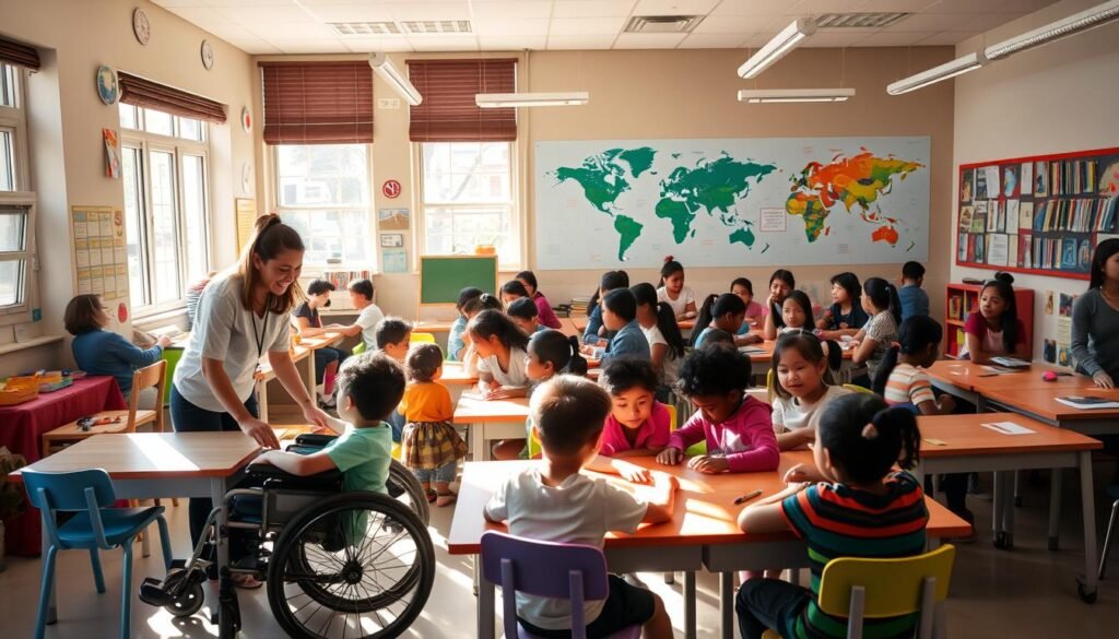 A vibrant, inclusive classroom filled with students of diverse backgrounds and abilities, engaged in collaborative learning. Sunlight streams through large windows, casting a warm glow on the scene. In the foreground, a teacher assists a student using a wheelchair, while others work in small groups at colorful desks. Posters and artwork adorn the walls, reflecting the inclusive values of the school. The middle ground showcases students of varying ages and ethnicities, supporting and encouraging one another. In the background, a mural depicts a world map, symbolizing the global perspective of inclusive education. The overall atmosphere is one of acceptance, empowerment, and a celebration of individual differences.