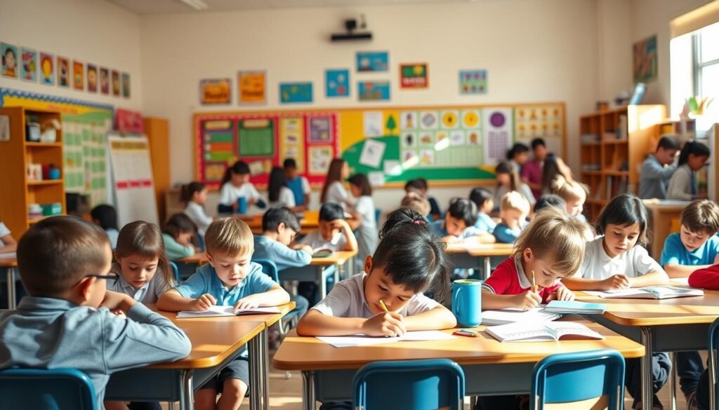 A vibrant, well-lit classroom scene depicting primary school students engaged in various learning activities. In the foreground, a group of children sit at desks, focused on their work, with a teacher guiding them. The middle ground features students collaborating on projects, while in the background, others participate in hands-on experiments or presentations. The room is filled with an atmosphere of diligence, curiosity, and the joy of discovery, with colorful educational posters and displays lining the walls. The lighting is warm and natural, creating a welcoming and inviting ambiance that captures the essence of an engaging primary school learning environment.
