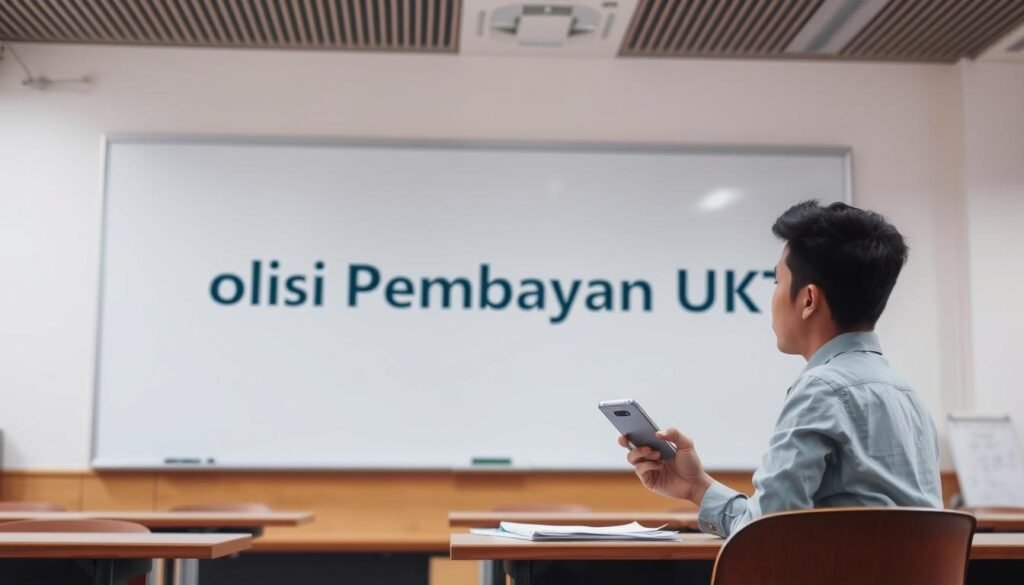A well-lit classroom setting, with a large whiteboard in the background displaying the text "Solusi Pembayaran UKT" in a clean, professional font. In the foreground, a student sits at a desk, deep in thought, holding a smartphone and a stack of documents, representing the challenges of paying tuition fees. The scene conveys a sense of contemplation and problem-solving, as the student explores alternative payment options to alleviate the financial burden of higher education.