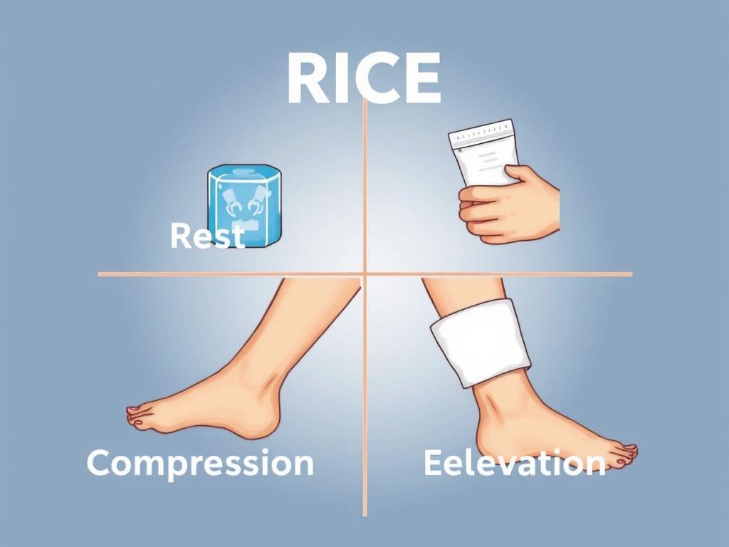 Ilustrasi metode RICE untuk manajemen cedera Ilustrasi metode RICE untuk manajemen cedera