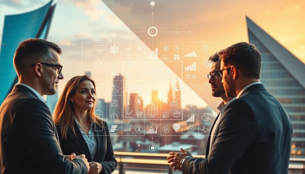 A complex digital transformation strategy unfolds against a backdrop of modern architectural elements. In the foreground, a group of business leaders engage in a collaborative discussion, their expressions focused and intent. The middle ground features a matrix of icons and data visualizations, representing the various facets of the implementation process. In the background, a city skyline with sleek, high-rise buildings and a vibrant, futuristic atmosphere sets the stage. Warm lighting casts a soft glow, creating a sense of progress and innovation. The overall composition conveys the strategic, multifaceted nature of digital transformation, blending people, technology, and vision into a cohesive, forward-looking image.