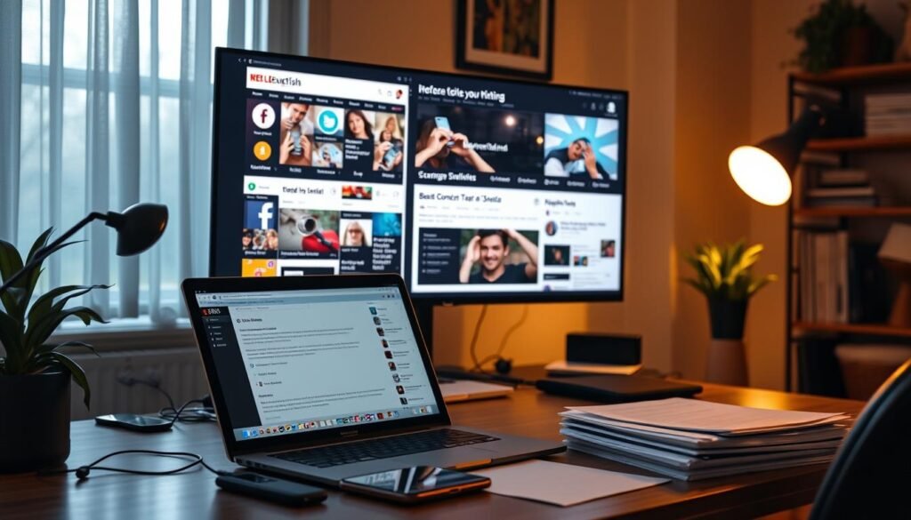 A cozy home office setting, with a desk displaying a laptop, smartphone, and stack of papers, bathed in warm, diffused lighting. In the background, a large monitor displays various social media platforms, news websites, and online writing tools, reflecting the digital nature of modern content creation. The atmosphere is one of productive focus, with a subtle sense of digital connectivity and the opportunities it presents for monetizing written work through online media and guest posting. A cozy home office setting, with a desk displaying a laptop, smartphone, and stack of papers, bathed in warm, diffused lighting. In the background, a large monitor displays various social media platforms, news websites, and online writing tools, reflecting the digital nature of modern content creation. The atmosphere is one of productive focus, with a subtle sense of digital connectivity and the opportunities it presents for monetizing written work through online media and guest posting.