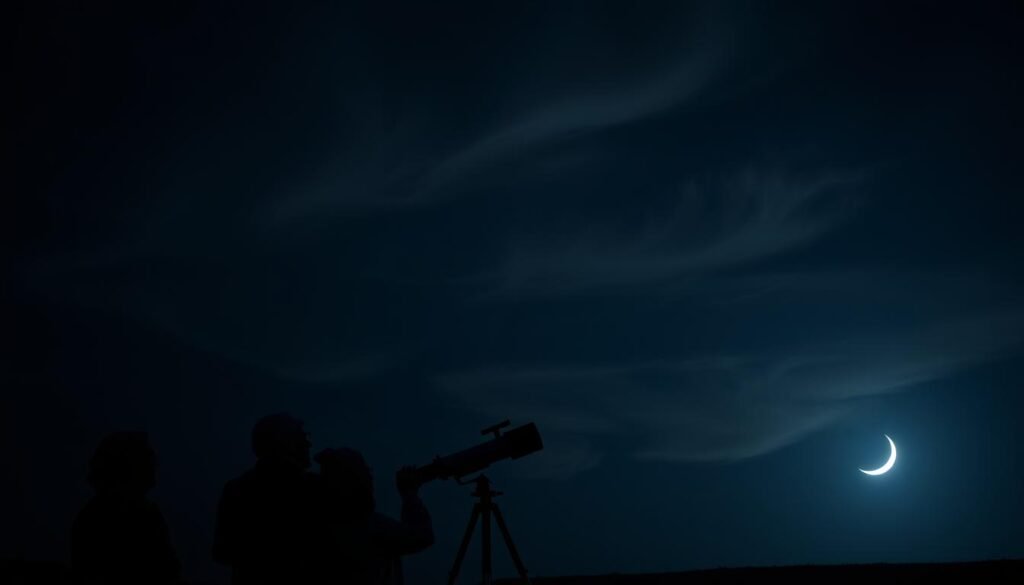 A dark, moody night sky with wispy clouds obscuring a crescent moon. In the foreground, a group of scientists intently observe the horizon, their faces illuminated by the soft glow of a telescope. The scene captures the challenge and uncertainty of sighting the new moon, critical for determining the start of the Islamic month. Diffused lighting casts dramatic shadows, heightening the tension. The landscape is sparse, emphasizing the solitary pursuit of this celestial observation. Cool tones predominate, conveying the somber mood of this important yet delicate task.