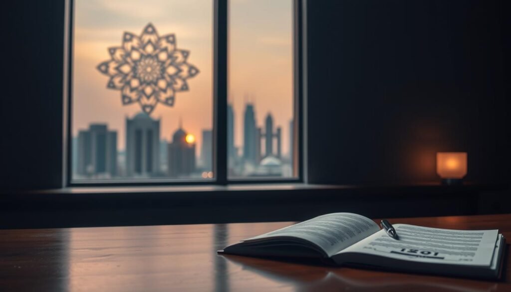A serene, dimly lit room with a desk featuring an open book, a pen, and a thoughtful expression. In the background, a wall of intricate Islamic geometric patterns casts a warm, contemplative glow. Outside the window, a city skyline stands as a symbol of the economic challenges facing the implementation of Sharia-compliant finance. The lighting is soft and atmospheric, creating a sense of focus and concentration. The overall mood is one of deep contemplation, as the viewer is invited to ponder the complexities of Sharia economics and its impact on the Indonesian market.