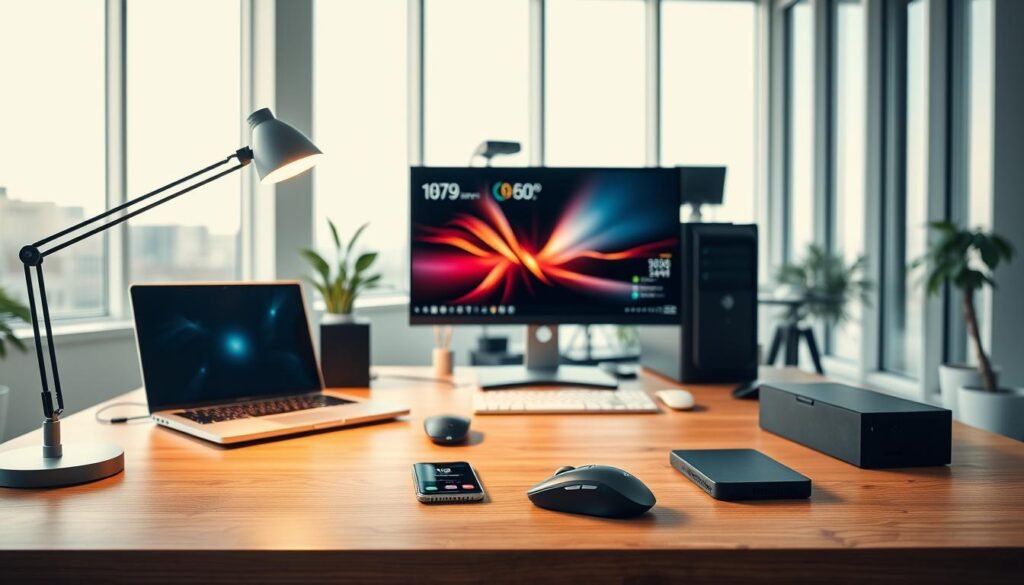 A sleek, modern office workspace with an array of computer hardware and digital devices arranged neatly on a minimalist wooden desk. In the foreground, a state-of-the-art laptop, wireless mouse, and smartphone rest alongside a stylish desk lamp. In the middle ground, a high-resolution monitor displays vibrant digital content, while a powerful desktop tower peeks out from beneath the desk. The background features floor-to-ceiling windows, allowing natural light to flood the space and create a bright, airy atmosphere. The overall scene conveys a sense of technological sophistication and professional productivity, reflecting the transformative power of digital infrastructure in the modern workplace.