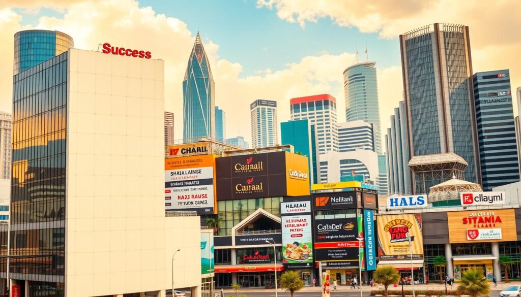 A thriving Sharia-compliant business model, set against a backdrop of bustling Indonesian cityscapes. In the foreground, a sleek, modern office building exudes an aura of success, its minimalist design and glass facade reflecting the city's skyline. Midground showcases a diverse array of Sharia-aligned enterprises, from Islamic finance institutions to halal F&B outlets, their signage and branding conveying a sense of professionalism and growth. The background is filled with towering skyscrapers, their glass and steel structures symbolizing the economic progress and integration of Sharia principles within the Indonesian market. Warm, golden lighting bathes the scene, creating an atmosphere of prosperity and optimism, encapsulating the "Keberhasilan Model Bisnis Syariah" (Success of Sharia Business Models) in Indonesia.