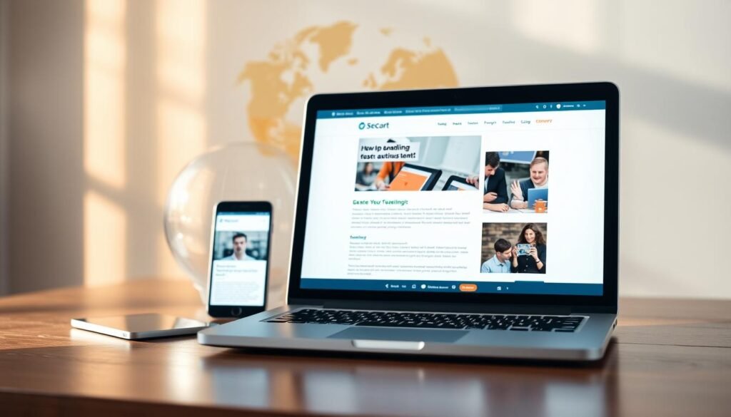 A vibrant and modern website, designed with a clean and minimalist aesthetic. The foreground features a sleek laptop displaying a well-organized web page, showcasing a balance of informative text and visually appealing graphics. The middle ground includes a smartphone with a responsive design, highlighting the mobile-friendly nature of the website. In the background, a stylized world map or globe symbolizes the global reach and accessibility of the online platform. The lighting is soft and natural, creating a warm and inviting atmosphere. The composition is balanced, with a focus on the devices and the website content, conveying the idea of a professional and user-friendly online presence. A vibrant and modern website, designed with a clean and minimalist aesthetic. The foreground features a sleek laptop displaying a well-organized web page, showcasing a balance of informative text and visually appealing graphics. The middle ground includes a smartphone with a responsive design, highlighting the mobile-friendly nature of the website. In the background, a stylized world map or globe symbolizes the global reach and accessibility of the online platform. The lighting is soft and natural, creating a warm and inviting atmosphere. The composition is balanced, with a focus on the devices and the website content, conveying the idea of a professional and user-friendly online presence.