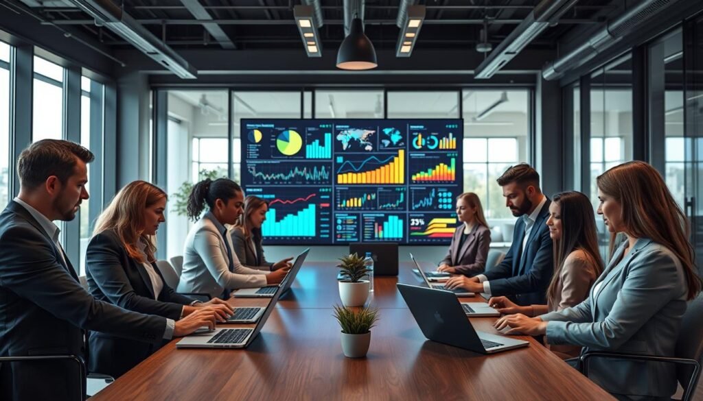 A bustling modern office environment illustrating "technology-based market analysis" in the foreground. A diverse group of professionals, dressed in smart business attire, collaborates around a conference table, analyzing data displayed on laptops and digital tablets. In the middle ground, a large screen shows vibrant graphs, charts, and AI-driven analytics, symbolizing the integration of AI in market strategies. The background features a sleek, contemporary office with large windows, allowing natural light to flood in, creating a bright and inviting atmosphere. Utilize a wide-angle lens to emphasize the teamwork and technological focus. The mood is innovative and forward-thinking, reflecting a positive approach to utilizing AI for market analysis in local small businesses.