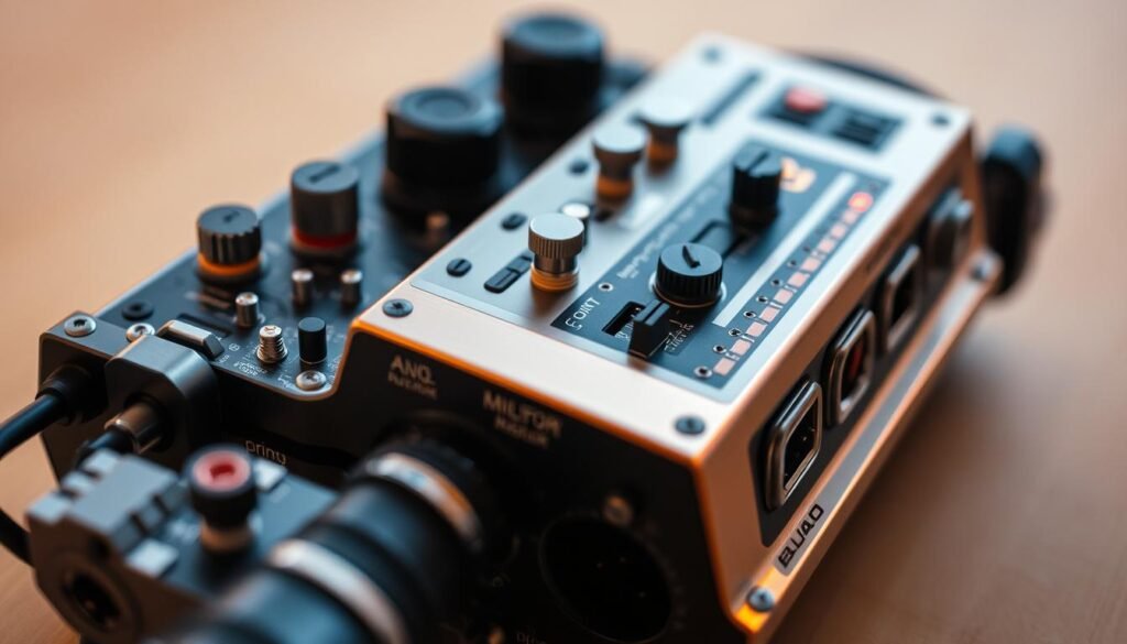 A close-up view of a technical launcher device, its sleek metallic exterior glinting under warm, focused lighting. The launcher's intricate components are visible, with knobs, dials, and various input/output ports arranged in an organized, functional layout. The device is set against a softly blurred, neutral background, emphasizing its technical prowess. The overall mood is one of precision, sophistication, and the intersection of hardware and software engineering.