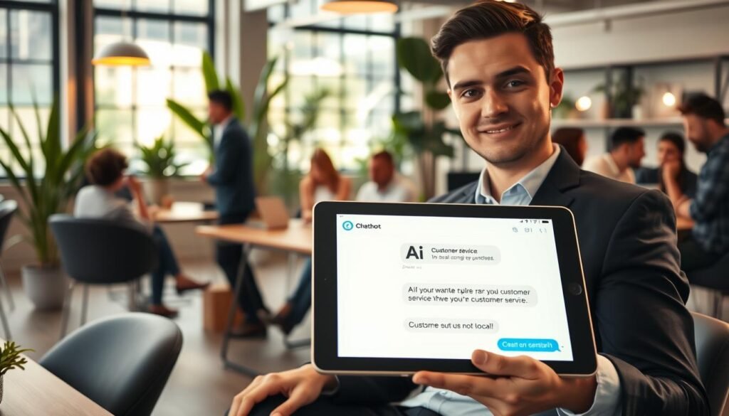 A modern and sleek chatbot interface displayed on a tablet held by a professional-looking individual dressed in smart casual attire, sitting at a stylish desk in a vibrant coworking space. The foreground features the tablet with a glowing screen, representing an AI chatbot conversation about customer service. In the middle ground, a diverse group of small business owners, engaged and collaborating, contribute to a dynamic atmosphere. The background showcases a contemporary office environment with green plants, large windows allowing natural light to pour in, and a friendly ambiance. The lighting is warm and inviting, adding a sense of professionalism and innovation, creating a productive mood that emphasizes the practical use of AI in enhancing customer service for local businesses.