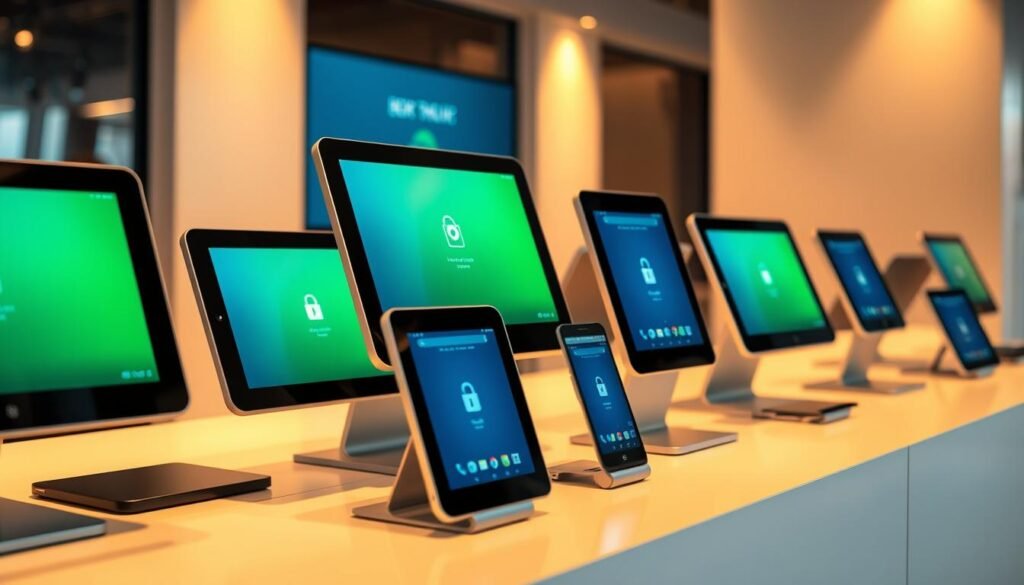 A modern kiosk display showcasing an array of Android devices, each locked in a secure kiosk mode. The devices are arranged neatly on a sleek, minimalist counter, bathed in warm, directional lighting that accentuates their clean lines and vibrant displays. The scene conveys a sense of professionalism and efficiency, with the devices appearing ready to serve as dedicated, distraction-free interfaces for a variety of applications. The background is softly blurred, keeping the focus on the carefully curated selection of kiosk-ready Android devices. A modern kiosk display showcasing an array of Android devices, each locked in a secure kiosk mode. The devices are arranged neatly on a sleek, minimalist counter, bathed in warm, directional lighting that accentuates their clean lines and vibrant displays. The scene conveys a sense of professionalism and efficiency, with the devices appearing ready to serve as dedicated, distraction-free interfaces for a variety of applications. The background is softly blurred, keeping the focus on the carefully curated selection of kiosk-ready Android devices.