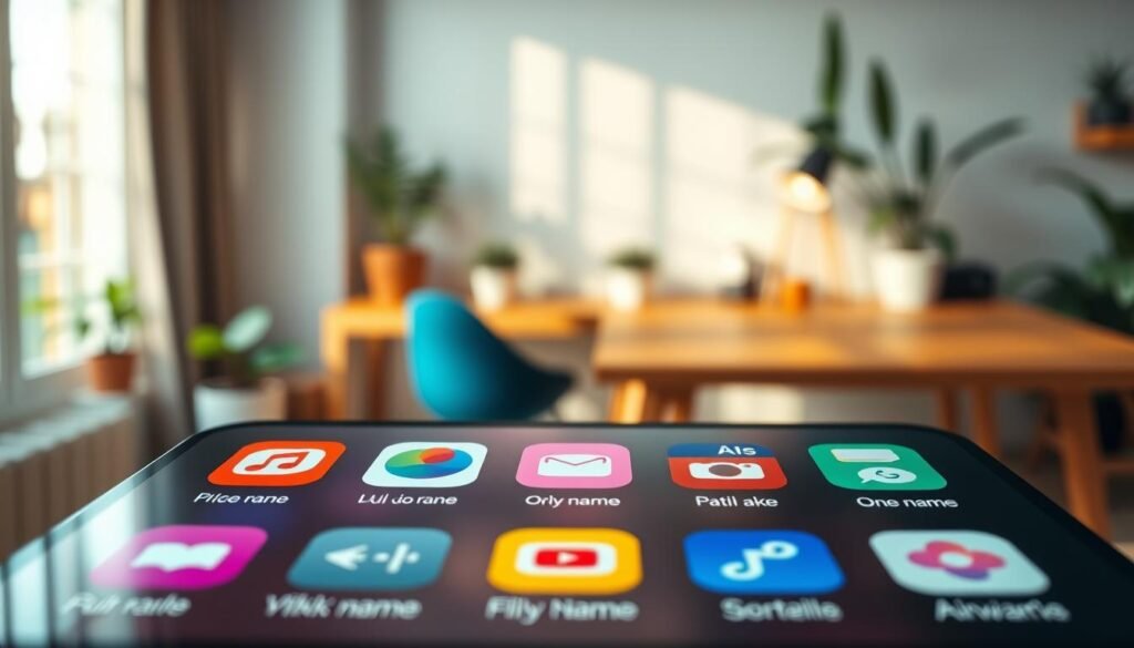 A visually appealing and modern iOS 18 home screen layout, featuring a clean and organized arrangement of app icons with hidden names, showcasing only logos. In the foreground, the focus is on various colorful app icons with smooth gradients and rounded edges, beautifully displayed in an elegant grid. The middle layer shows a blurred view of a cozy home environment, softly illuminated by warm, natural light coming through a nearby window. Subtle bokeh effects enhance the depth of field. In the background, a minimalist workspace with a wooden desk and lush green plants adds to a calming atmosphere. The overall mood is serene and sophisticated, perfect for illustrating tips for an ideal home screen setup without any distractions. A visually appealing and modern iOS 18 home screen layout, featuring a clean and organized arrangement of app icons with hidden names, showcasing only logos. In the foreground, the focus is on various colorful app icons with smooth gradients and rounded edges, beautifully displayed in an elegant grid. The middle layer shows a blurred view of a cozy home environment, softly illuminated by warm, natural light coming through a nearby window. Subtle bokeh effects enhance the depth of field. In the background, a minimalist workspace with a wooden desk and lush green plants adds to a calming atmosphere. The overall mood is serene and sophisticated, perfect for illustrating tips for an ideal home screen setup without any distractions.