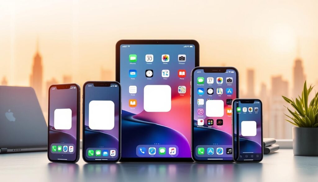 A visually striking composition showcasing compatibility across various iOS devices, including the latest iPhone and iPad models, arranged strategically in the foreground. The devices prominently display their home screens with only app logos visible, emphasizing the feature of hiding app names. The middle ground features a clean, modern workspace with stylish accessories, like a laptop and a desk plant, enhancing the tech-savvy atmosphere. In the background, softly blurred silhouettes of a city skyline under a warm, golden-hour sunlight add depth and context. Soft, diffused lighting creates an inviting and innovative mood, highlighting the theme of modernity and functionality in technology. The image should evoke a sense of seamless integration and usability, with a focus on innovation in mobile technology. A visually striking composition showcasing compatibility across various iOS devices, including the latest iPhone and iPad models, arranged strategically in the foreground. The devices prominently display their home screens with only app logos visible, emphasizing the feature of hiding app names. The middle ground features a clean, modern workspace with stylish accessories, like a laptop and a desk plant, enhancing the tech-savvy atmosphere. In the background, softly blurred silhouettes of a city skyline under a warm, golden-hour sunlight add depth and context. Soft, diffused lighting creates an inviting and innovative mood, highlighting the theme of modernity and functionality in technology. The image should evoke a sense of seamless integration and usability, with a focus on innovation in mobile technology.