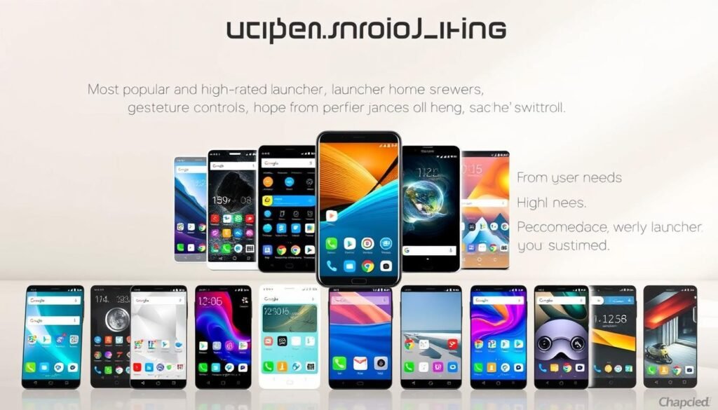 A well-designed Android launcher with a clean, modern interface showcased in a soft, natural lighting. The launcher features a variety of customizable home screens, app drawers, and gesture controls, all with a minimalist aesthetic. In the foreground, a selection of the most popular and highly-rated launcher apps are presented, each with distinct visual styles and unique capabilities. The middle ground depicts a smartphone display demonstrating the seamless integration of the launcher with the device's overall user experience. The background subtly hints at the diversity of user needs, from performance optimization to personalization, that the recommended launchers are designed to fulfill.