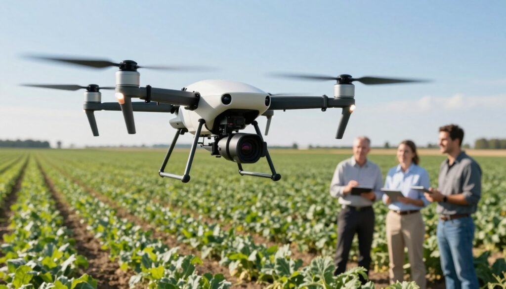 A cutting-edge agricultural drone, sleek and modern, hovers in the foreground, showcasing its advanced features like multispectral sensors and high-resolution cameras. In the middle ground, a verdant farmland stretches out, with rows of crops under bright sunlight, symbolizing technological advancement in agriculture. Farmers in professional attire observe intently, discussing the drone’s potential impact on crop yields and food prices. The background features a clear blue sky, emphasizing the vast landscape and the promise of innovation. Soft, natural lighting enhances the scene, creating a hopeful and progressive atmosphere. The angle of the shot captures both the drone and the farmland, highlighting the intersection of technology and agriculture without any text or watermarks. A cutting-edge agricultural drone, sleek and modern, hovers in the foreground, showcasing its advanced features like multispectral sensors and high-resolution cameras. In the middle ground, a verdant farmland stretches out, with rows of crops under bright sunlight, symbolizing technological advancement in agriculture. Farmers in professional attire observe intently, discussing the drone’s potential impact on crop yields and food prices. The background features a clear blue sky, emphasizing the vast landscape and the promise of innovation. Soft, natural lighting enhances the scene, creating a hopeful and progressive atmosphere. The angle of the shot captures both the drone and the farmland, highlighting the intersection of technology and agriculture without any text or watermarks.