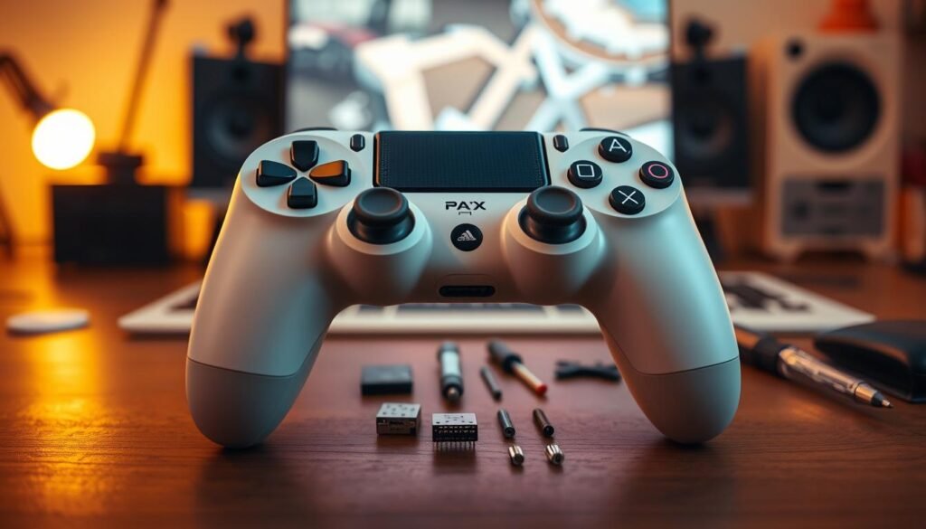 A detailed, realistic depiction of a DualSense controller placed prominently in the foreground, showcasing its ergonomic design and sleek color scheme, including the signature white and black contrast. The controller should be displayed with its buttons clearly visible, highlighting details like the touchpad and triggers. In the middle ground, include subtle tools and components that suggest modification, such as screwdriver, circuit boards, and replacement parts, arranged neatly. The background should be a softly blurred gaming setup, with warm ambient lighting illuminating the scene, creating a cozy yet focused atmosphere that conveys the idea of careful tinkering. The overall mood should reflect a sense of caution and curiosity, inviting the viewer to consider the risks and complexities of self-modifying the controller. The angle should be a slight overhead shot to capture both the controller's details and the surrounding elements effectively. A detailed, realistic depiction of a DualSense controller placed prominently in the foreground, showcasing its ergonomic design and sleek color scheme, including the signature white and black contrast. The controller should be displayed with its buttons clearly visible, highlighting details like the touchpad and triggers. In the middle ground, include subtle tools and components that suggest modification, such as screwdriver, circuit boards, and replacement parts, arranged neatly. The background should be a softly blurred gaming setup, with warm ambient lighting illuminating the scene, creating a cozy yet focused atmosphere that conveys the idea of careful tinkering. The overall mood should reflect a sense of caution and curiosity, inviting the viewer to consider the risks and complexities of self-modifying the controller. The angle should be a slight overhead shot to capture both the controller's details and the surrounding elements effectively.