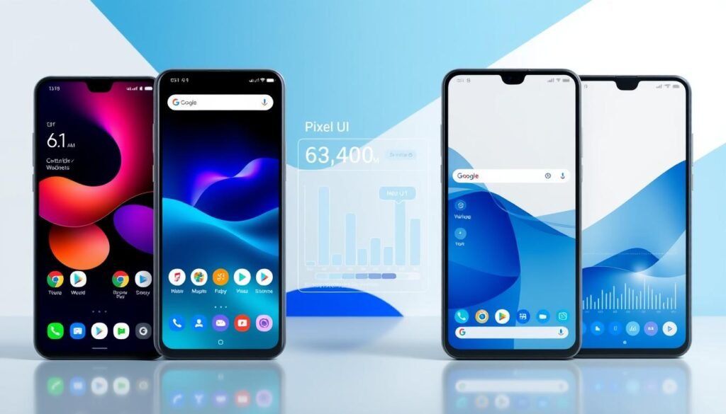 A dynamic side-by-side comparison of One UI 6.1 and Pixel UI showcased through sleek, modern graphic interfaces. In the foreground, display two smartphone screens, one featuring the One UI 6.1 interface with vibrant, rounded icons and customizable widgets, and the other displaying the streamlined, minimalist Pixel UI with clean lines and intuitive navigation. In the middle, incorporate subtle graphical elements such as numerical statistics and performance charts to represent analyzed data visually, suggesting a technical report feel. The background should be a soft gradient of blue and white, conveying a tech-savvy atmosphere with abstract geometric shapes to enhance visual interest. Use bright, even lighting to emphasize clarity and detail, captured from a slightly elevated angle for a comprehensive view. The overall mood should convey professionalism and modernity, inviting readers into a detailed analysis.