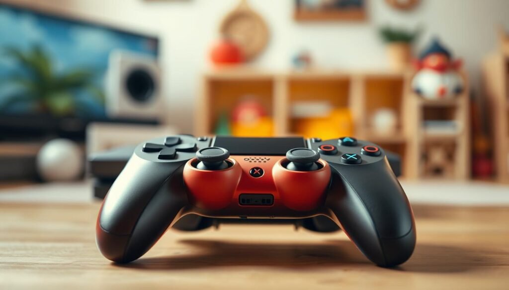 A highly detailed view of a DualSense controller placed prominently in the foreground, showcasing its sleek design and vibrant colors. The controller should be accented by soft lighting that highlights the contours and texture of the buttons, triggers, and touchpad. In the middle ground, include a blurred gaming console for context, emphasizing the technology aspect. The background should be a subtle playroom or gaming setup, with warm ambient lighting creating a cozy atmosphere. The scene should evoke a sense of anticipation and care, as if the viewer is about to embark on an important gaming adventure. Capture the controller from a slightly elevated angle to accentuate its ergonomic design. A highly detailed view of a DualSense controller placed prominently in the foreground, showcasing its sleek design and vibrant colors. The controller should be accented by soft lighting that highlights the contours and texture of the buttons, triggers, and touchpad. In the middle ground, include a blurred gaming console for context, emphasizing the technology aspect. The background should be a subtle playroom or gaming setup, with warm ambient lighting creating a cozy atmosphere. The scene should evoke a sense of anticipation and care, as if the viewer is about to embark on an important gaming adventure. Capture the controller from a slightly elevated angle to accentuate its ergonomic design.