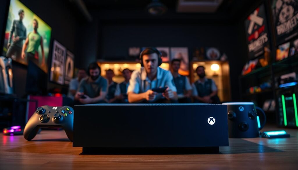 A sleek Xbox Series X console sits prominently in the foreground, illuminated by soft, ambient lighting that highlights its unique design. Surrounding it are various gaming accessories, including a futuristic controller, an award-winning headset, and colorful LED lights that create a dynamic atmosphere. In the middle ground, blurred silhouettes of enthusiastic gamers, dressed in professional attire, can be seen engaged in gameplay, their focus and excitement palpable. The background features a dimly lit gaming room with posters of popular games and shelves filled with collectibles, adding depth to the scene. The angle is slightly elevated, capturing the console’s sleek lines and energy of the gaming space, evoking a sense of discovery and enthusiasm for hidden features within the Xbox ecosystem.
