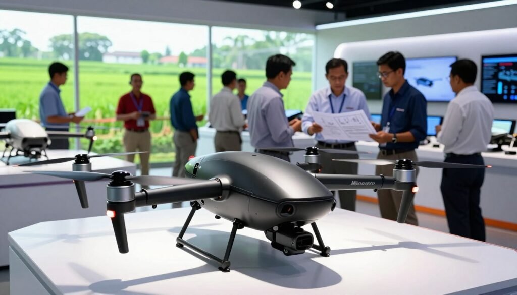 A sleek, advanced drone resembling a Black Eagle, showcased in a bustling Indonesian technological development center. In the foreground, the drone is perched on a polished surface, gleaming under bright, focused LED lighting, highlighting its intricate details such as rotors and sleek aerodynamic body. In the middle ground, engineers in professional attire are engaged in focused discussions, examining blueprints and digital displays of the drone’s capabilities. The background features large windows with a view of a vibrant green landscape, symbolizing the potential for agricultural applications. The atmosphere is one of innovation and anticipation, with a bright and optimistic mood conveyed through vibrant colors and dynamic lighting, emphasizing the future of drone technology in Indonesia. A sleek, advanced drone resembling a Black Eagle, showcased in a bustling Indonesian technological development center. In the foreground, the drone is perched on a polished surface, gleaming under bright, focused LED lighting, highlighting its intricate details such as rotors and sleek aerodynamic body. In the middle ground, engineers in professional attire are engaged in focused discussions, examining blueprints and digital displays of the drone’s capabilities. The background features large windows with a view of a vibrant green landscape, symbolizing the potential for agricultural applications. The atmosphere is one of innovation and anticipation, with a bright and optimistic mood conveyed through vibrant colors and dynamic lighting, emphasizing the future of drone technology in Indonesia.