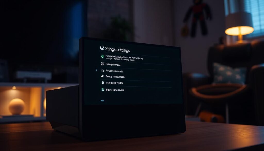 A visually appealing image of the Xbox Series X console displaying the power mode settings menu on its sleek, modern interface. In the foreground, prominently feature the console with its angular design in a clean, well-lit gaming setup. The screen shows brightly colored icons representing different energy-saving power modes, glowing softly in a dim room. In the background, a subtle blur of a cozy gaming environment, perhaps with dim ambient lighting and a comfortable gaming chair, creating a relaxed atmosphere. Use warm lighting to emphasize the console’s contours while ensuring clarity of the menu items. Capture the dedication to energy efficiency, evoking a sense of innovation and modern gaming lifestyle.