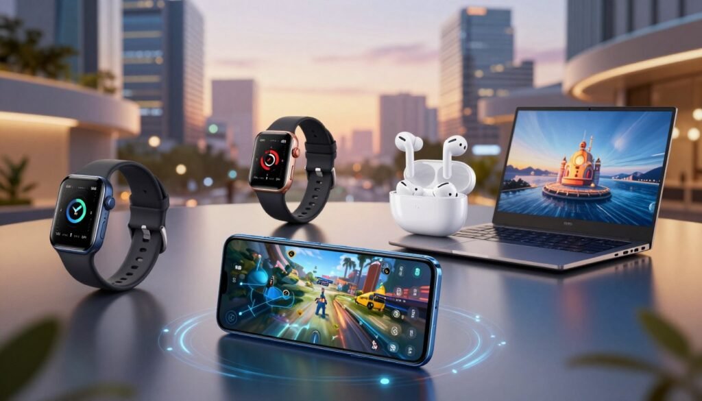 A futuristic illustration of Realme's smart device ecosystem showcasing a variety of products including smartphones, smartwatches, earbuds, and laptops. In the foreground, a sleek smartphone is depicted, displaying vibrant gaming graphics, surrounded by an interactive user interface showing connectivity among devices. The middle layer features a stylish smartwatch and wireless earbuds, all with a modern design aesthetic. In the background, a lively urban environment, suggesting high-tech urban life, with soft evening lighting creating a warm, inviting atmosphere. The scene should evoke a sense of innovation and connectivity, capturing the essence of technology seamlessly integrated into daily life. The composition should be dynamic, emphasizing the synergy between the devices. Use a slightly angled perspective to enhance depth and visual interest.
