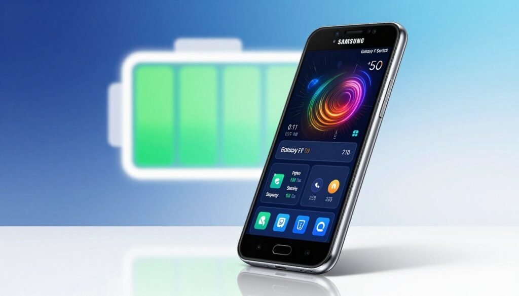 A high-performance Samsung Galaxy F Series smartphone prominently displayed in the foreground, showcasing its sleek design and vibrant screen filled with performance metrics and graphics. The middle ground features a stylized battery symbol with glowing energy levels, indicating robust battery performance. In the background, a soft-focus gradient of blues and whites to evoke a sense of technological advancement and simplicity. The scene is illuminated with soft, diffused lighting, creating a professional and contemporary atmosphere. The angle is slightly tilted to emphasize the phone's features, with reflections on a clean, polished surface suggesting modernity. The overall mood conveys reliability and ease of use, perfect for everyday users. A high-performance Samsung Galaxy F Series smartphone prominently displayed in the foreground, showcasing its sleek design and vibrant screen filled with performance metrics and graphics. The middle ground features a stylized battery symbol with glowing energy levels, indicating robust battery performance. In the background, a soft-focus gradient of blues and whites to evoke a sense of technological advancement and simplicity. The scene is illuminated with soft, diffused lighting, creating a professional and contemporary atmosphere. The angle is slightly tilted to emphasize the phone's features, with reflections on a clean, polished surface suggesting modernity. The overall mood conveys reliability and ease of use, perfect for everyday users.