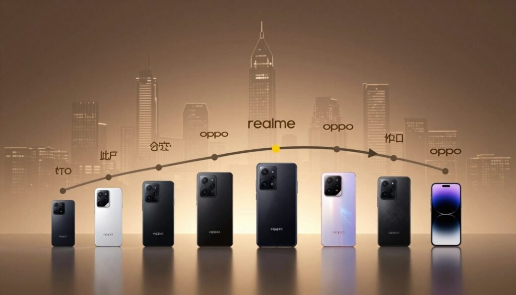 A visually engaging timeline representation of the historical journey of Realme as a sub-brand of Oppo, transitioning to its independence and back to Oppo. In the foreground, depict a series of dynamic smartphone silhouettes from different years, showcasing key models and their designs, with a subtle reflection on a sleek surface. The middle layer features a blend of iconic Realme and Oppo branding elements, interconnected by arrows symbolizing growth and evolution. In the background, a futuristic city skyline represents the tech industry, bathed in soft, ambient lighting with a warm color palette to evoke a sense of innovation and progress. The overall atmosphere should feel modern and optimistic, capturing the essence of Realme’s strategic journey in the market.